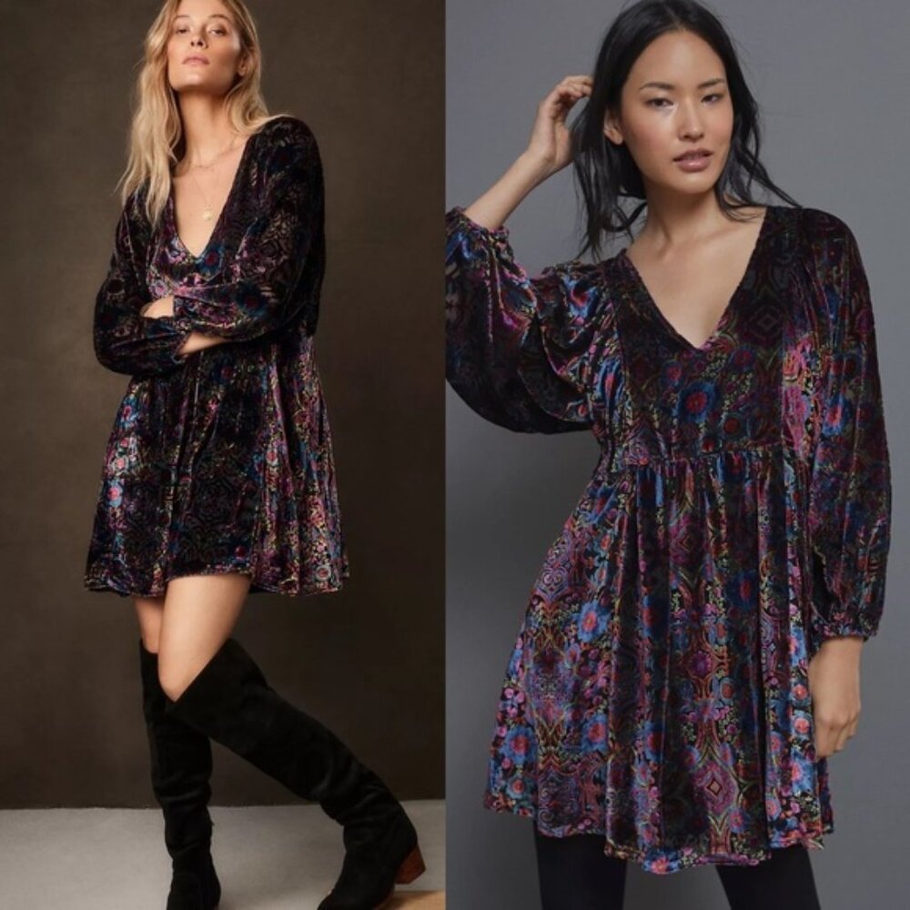 Anthropologie Mona Burnout Velvet Mini Dress- XS